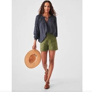 Faherty Smocked Emery Peasant Blouse XS Tie  Boho Prairie Navy Blue Lotus Flower